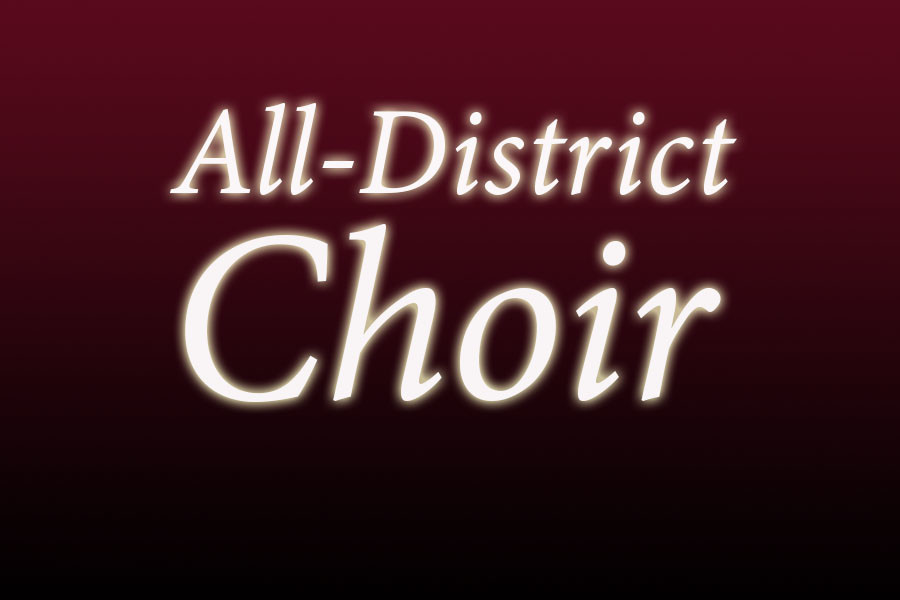 Text reading "All-District Choir" in elegant white font, stands out against a deep maroon gradient background, conveying a formal and musical theme.