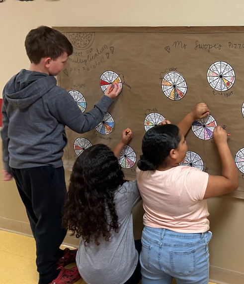 Three students stand at a large brown bulletin board labeled “Meet Our Multiplication Pizzaiolos!” They are coloring and adding their decorated multiplication pizza circles to the display.