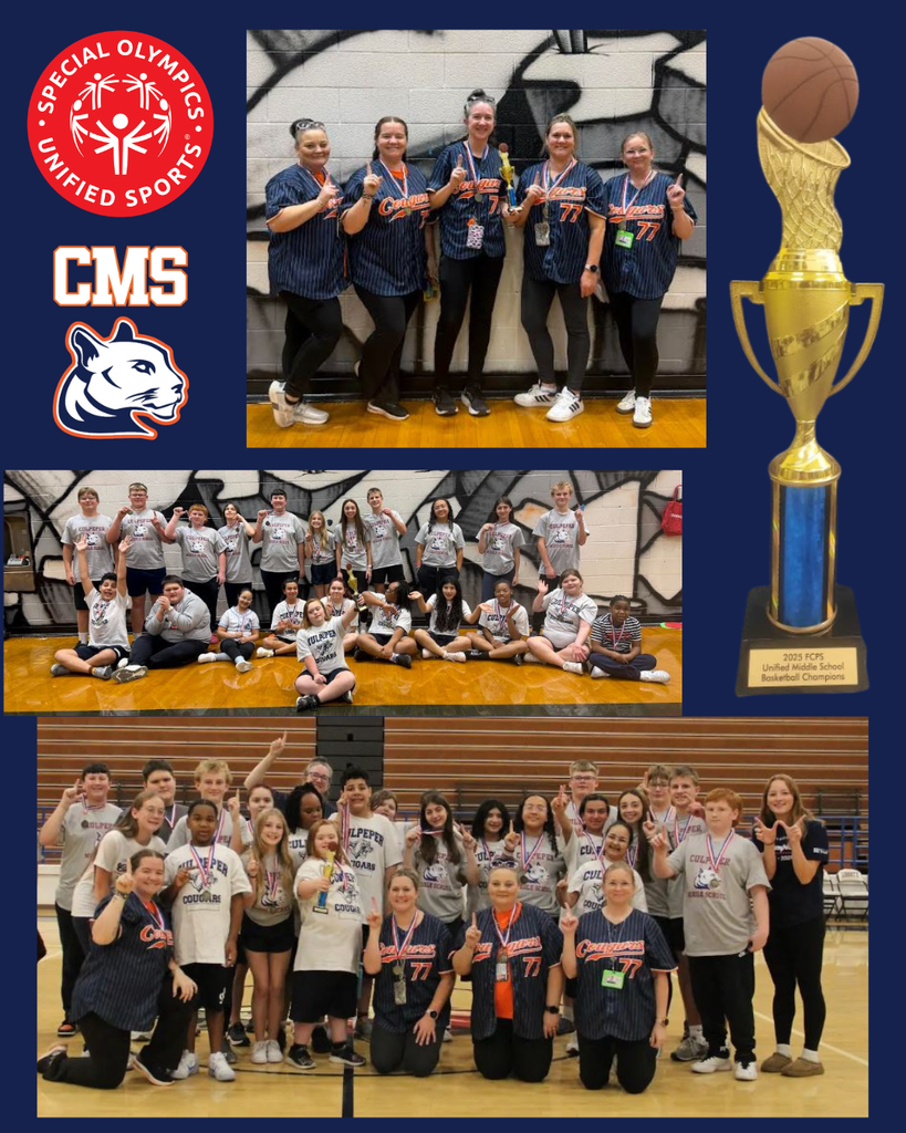 This image is a celebratory collage featuring the CMS Unified Middle School Basketball team. The background is dark blue, and the collage includes three group photos of athletes and coaches smiling, posing with medals, and holding up number-one signs inside a gym with a graffiti-style mural on the wall. On the left side of the collage are the Special Olympics Unified Sports logo, the CMS logo, and the Cougar mascot. On the right side is a tall gold-and-blue trophy topped with a basketball, labeled “2025 FCPS Unified Middle School Basketball Champions.” The overall design highlights teamwork, pride, and the excitement of winning the championship.