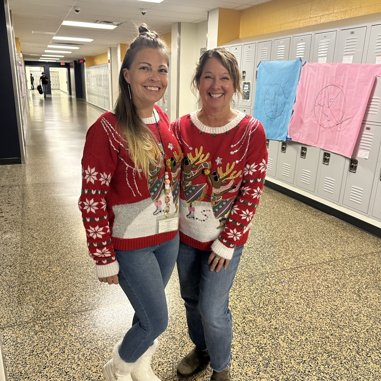 Tonight's student section theme is Christmas! Our students and staff got a head start of showing their spirit by dressing up today. Mrs. Davis-Pannill and Mrs. Bennett were twinning with their Christmas sweaters. #ForksUp #BetterEveryDay #BDP