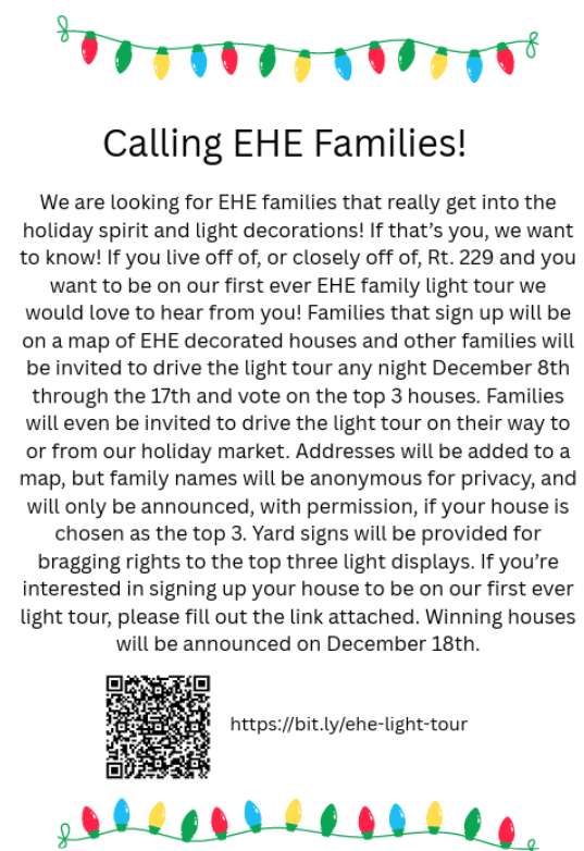 Flyer for EHE Holiday Light Tour with QR code