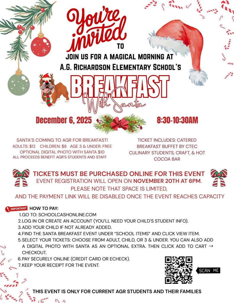 Good Morning Bulldog Families,   It is that special time of year when family and friends gather together to celebrate the Season! We are excited to remind everyone that we also have our Santa Breakfast to help make this season memorable! Our Santa Breakfast sign-up will be open until tomorrow morning, so please sign up online OR send in your payment of cash or check to school in the morning! The cost per adult is $12 each, with students aged 4 and up being $8 each! We will also have an option to have a picture with Santa for $10!  We would love to have you join us, so please register today, as after tomorrow we will not be able to take any further bookings!