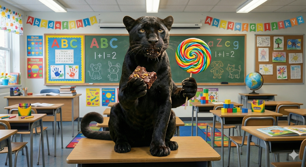 A photorealistic black panther sitting in the middle of a bright, colorful elementary school classroom. The panther is holding a chocolate brownie in one paw and a large, rainbow-swirl lollipop in the other. The background features small desks, educational posters, and chalkboard drawings typical of a primary school setting.