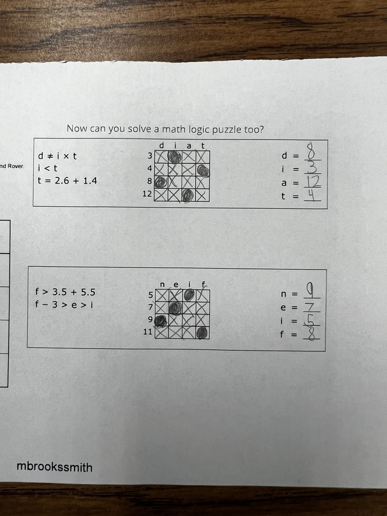 Close-up of students’ hands working on math logic puzzle sheets. One worksheet shows boxed grids with numbers and variables, and another sheet is placed above it on the desk.