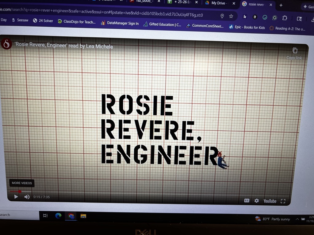 A YouTube video on a laptop screen showing the title card for Rosie Revere, Engineer read by Lea Michele. The title appears on a lined engineering-style background.