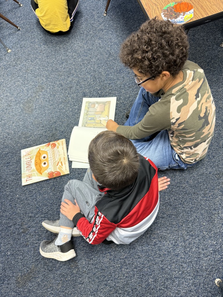 Two students sit on the carpet and read a book together. One student is pointing at the page while the other follows along.