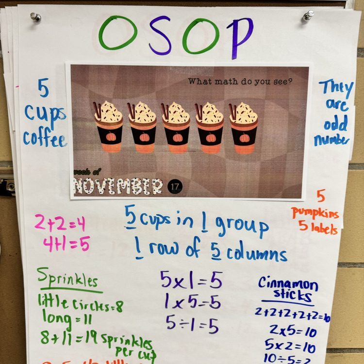 A classroom poster titled “OSOP” displays a printed picture of five hot chocolate cups with whipped cream and cinnamon sticks under the prompt “What math do you see?” Around the image, students’ math observations are written in colorful markers, including notes about five cups of coffee, odd numbers, sprinkles counts, multiplication facts, and cinnamon-stick equations.
