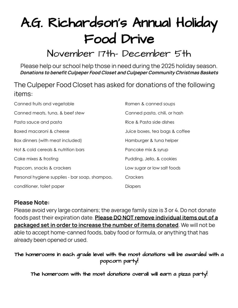 Continuing through December 5th, AGR is holding it's canned food drive!  See the flyer, or email jb9586@ccpsweb.org for any questions! So far, we have collected 1576 items!