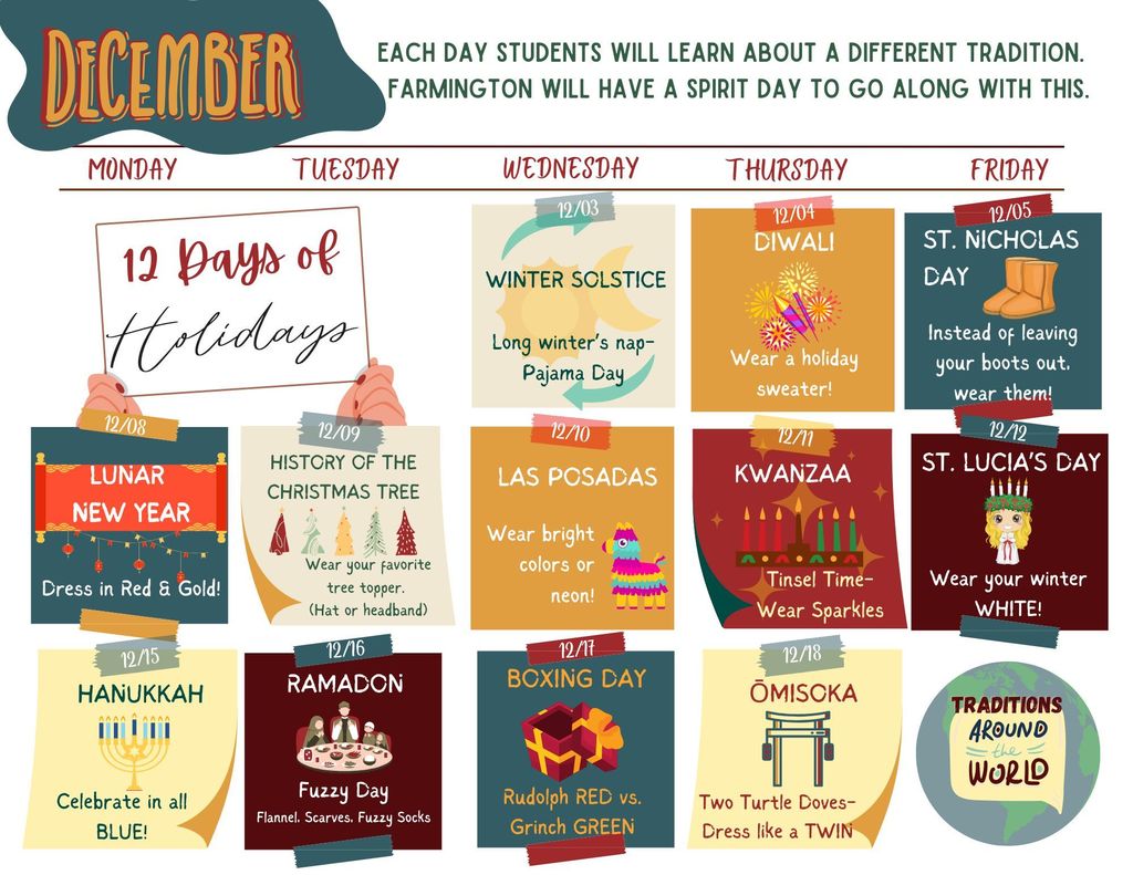 A colorful December school calendar titled “12 Days of Holidays.” Text at the top says: “Each day students will learn about a different tradition. Farmington will have a spirit day to go along with this.” The calendar includes themed days with dates, descriptions, and spirit-day attire suggestions: Dec 3 – Winter Solstice: Pajama Day, “Long winter’s nap.” Dec 4 – Diwali: “Wear a holiday sweater!” Dec 5 – St. Nicholas Day: Wear boots instead of leaving them out. Dec 8 – Lunar New Year: “Dress in red and gold!” Dec 9 – History of the Christmas Tree: Wear your favorite tree topper as a hat or headband. Dec 10 – Las Posadas: Wear bright colors or neon. Dec 11 – Kwanzaa: “Tinsel Time—Wear sparkles.” Dec 12 – St. Lucia’s Day: “Wear winter white!” Dec 15 – Hanukkah: “Celebrate in all blue!” Dec 16 – Ramadan: “Fuzzy Day—Wear flannel, scarves, or fuzzy socks.” Dec 17 – Boxing Day: “Rudolph red vs. Grinch green.” Dec 18 – Ōmisoka: “Two turtle doves—Dress like a twin.” A circular graphic in the bottom right reads “Traditions Around the World.”