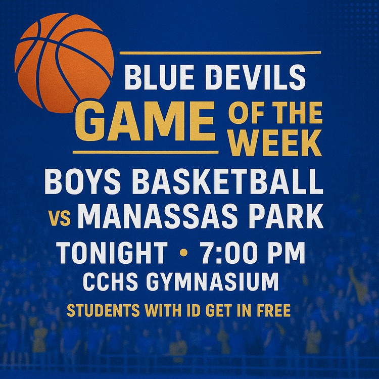 Blue-and-gold graphic promoting Blue Devils boys basketball vs Manassas Park tonight at 7 PM in the CCHS gym; students with ID get in free.