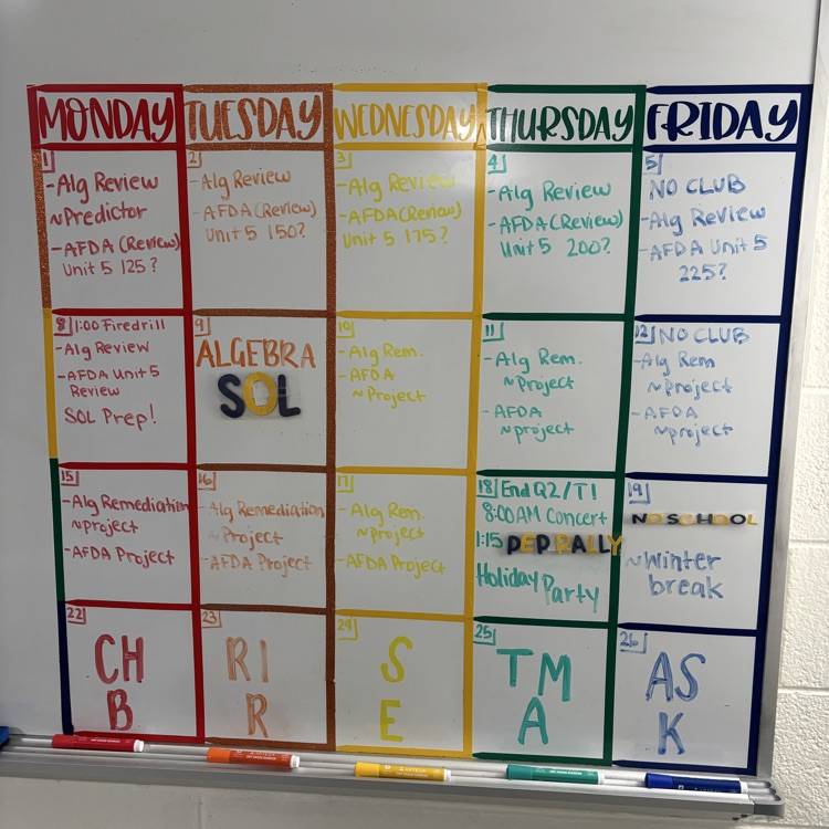 Monthly calendar for Algebra class