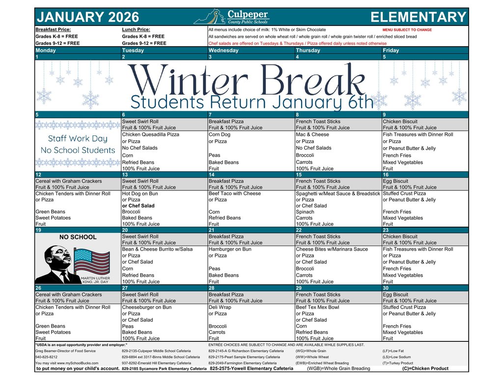 2026 is upon us! Here is the elementary and middle school lunch menu. This can also be found on our app, with interactive features and additional nutrition information.