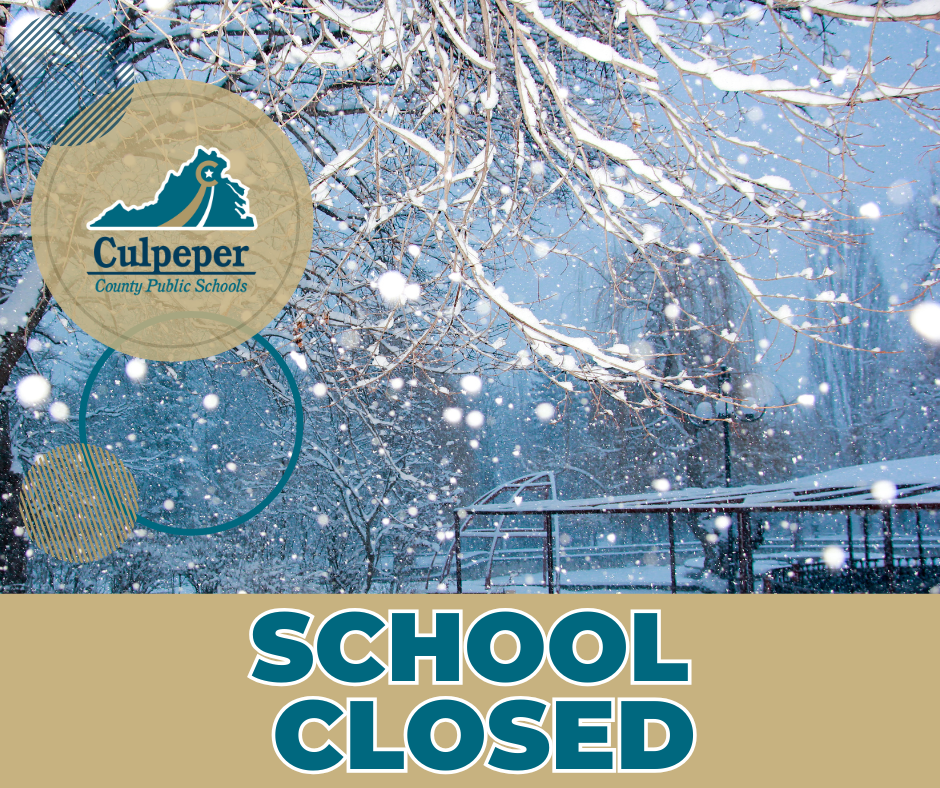 graphic with the CCPS logo on a snowy scene that says school closed at the bottom in teal letters on a gold bar 