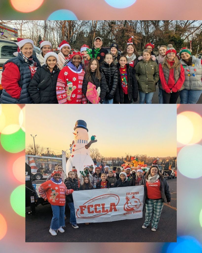 A vertical collage featuring two photos of a school group at a holiday event, set against a festive background of blurred, colorful holiday lights. Top Photo: A group of approximately eighteen students and adults pose closely together outdoors. They are dressed in winter coats and festive attire, wearing accessories like Santa hats, reindeer antlers, and necklaces made of large Christmas lights. A man in a baseball cap stands in the back center, and the side of a rescue squad vehicle is visible on the left. Bottom Photo: The same group is shown standing in a parking lot at sunset, holding a wide white banner that reads "FCCLA - Family, Career and Community Leaders of America" alongside a red "Culpeper Middle School" logo. Behind the group is a massive inflatable snowman wearing a top hat, along with a trailer displaying a banner for "America's 911 Foundation."