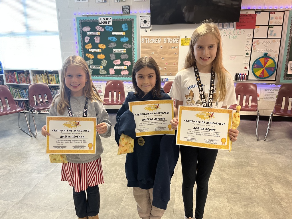 Congratulations to our spellers today who participated in the school spelling bees.  The 2nd/3rd Grade winners were Jocelyn Wharam, Amelia Deverna, and Amelia Kempf.  These students will move onto the county bees in January. 4th and 5th Grade winners are coming later today!