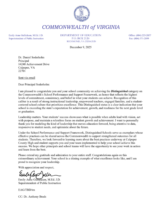 Letter from VDOE Announcing CCHS as a Distinguished School.