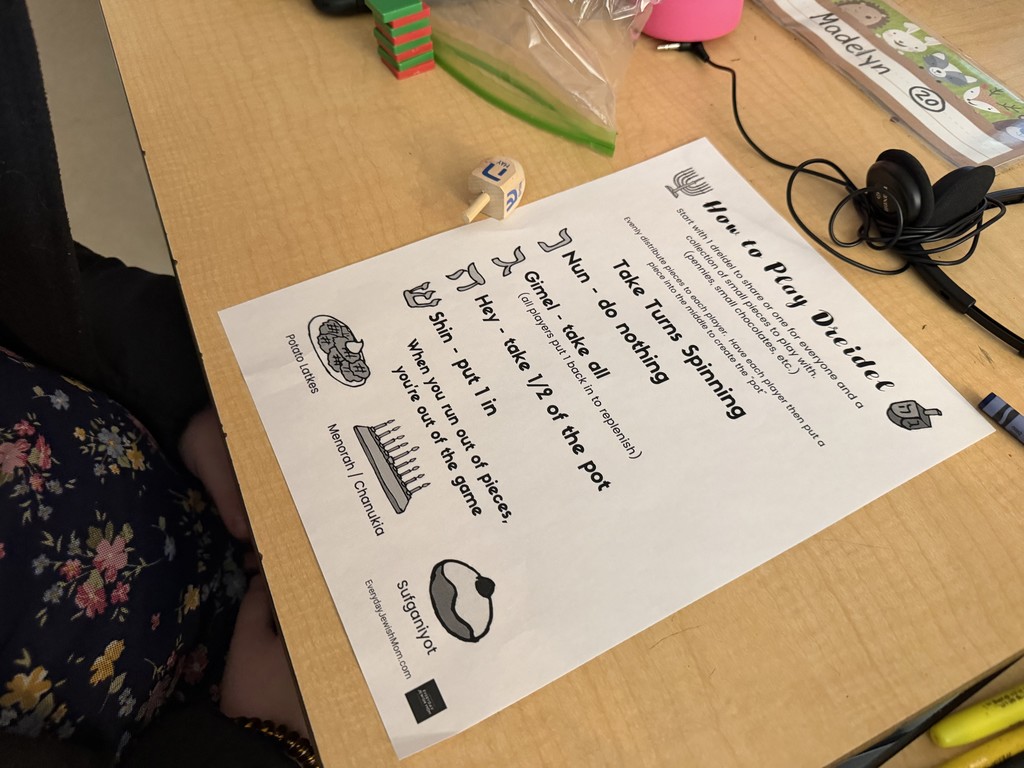 A close-up of a student desk with a printed instruction sheet titled “How to Play Dreidel,” a wooden dreidel, small red and green counting tiles, and classroom supplies spread across the tabletop.