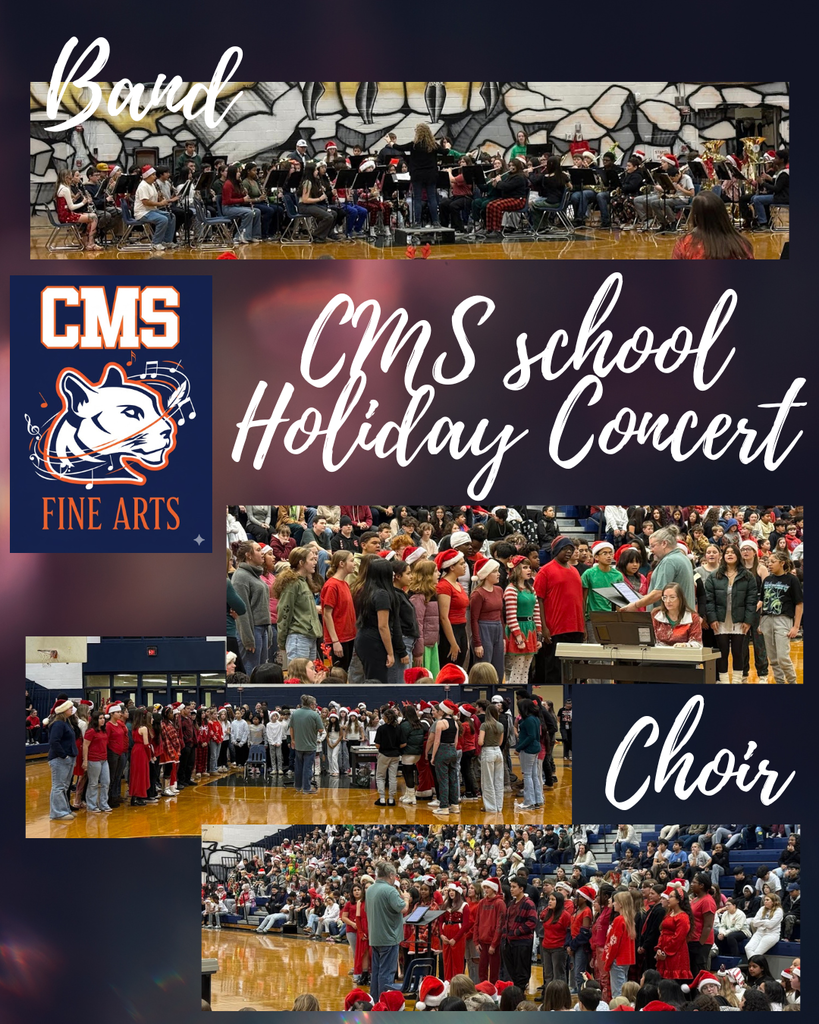Collage titled “CMS School Holiday Concert” featuring Culpeper Middle School Fine Arts. The top image shows the CMS band seated in a gym, wearing festive attire and Santa hats, performing under a conductor in front of a mural. The CMS Fine Arts logo appears on the left. Multiple images show the CMS choir standing in rows on the gym floor, many students dressed in red, green, and holiday outfits, singing with a teacher conducting and a student playing keyboard. Bleachers filled with students and staff are visible in the background, creating a festive school-wide holiday concert atmosphere.
