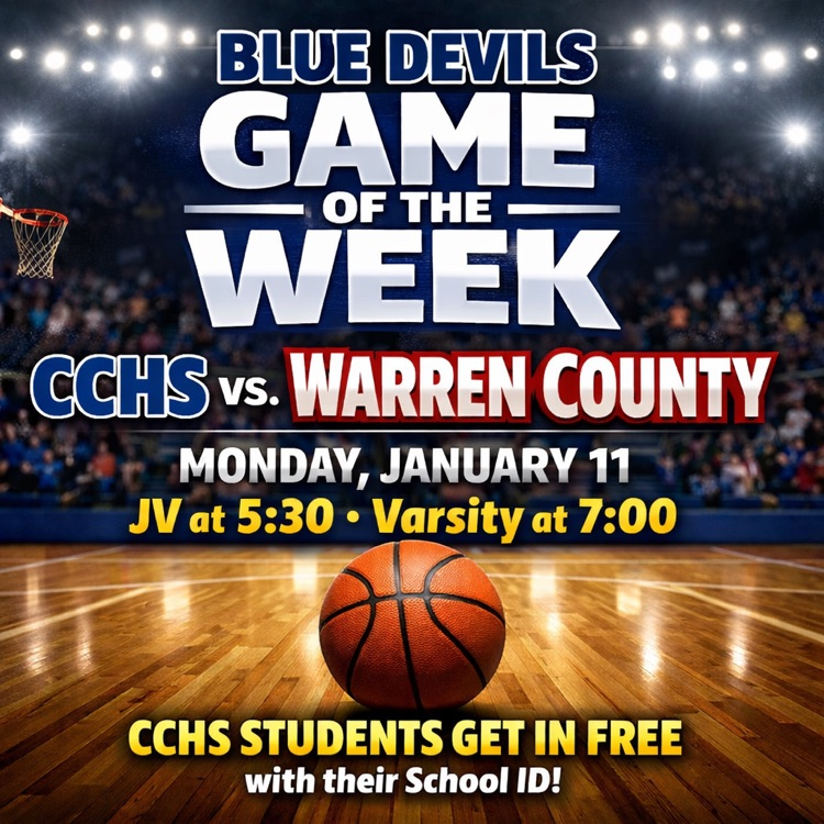 Hope to see you all tonight for the game of the week. Boys basketball versus Warren County. JV at 5:30, Varsity at 7. CCHS students with their school IDs get in free.
