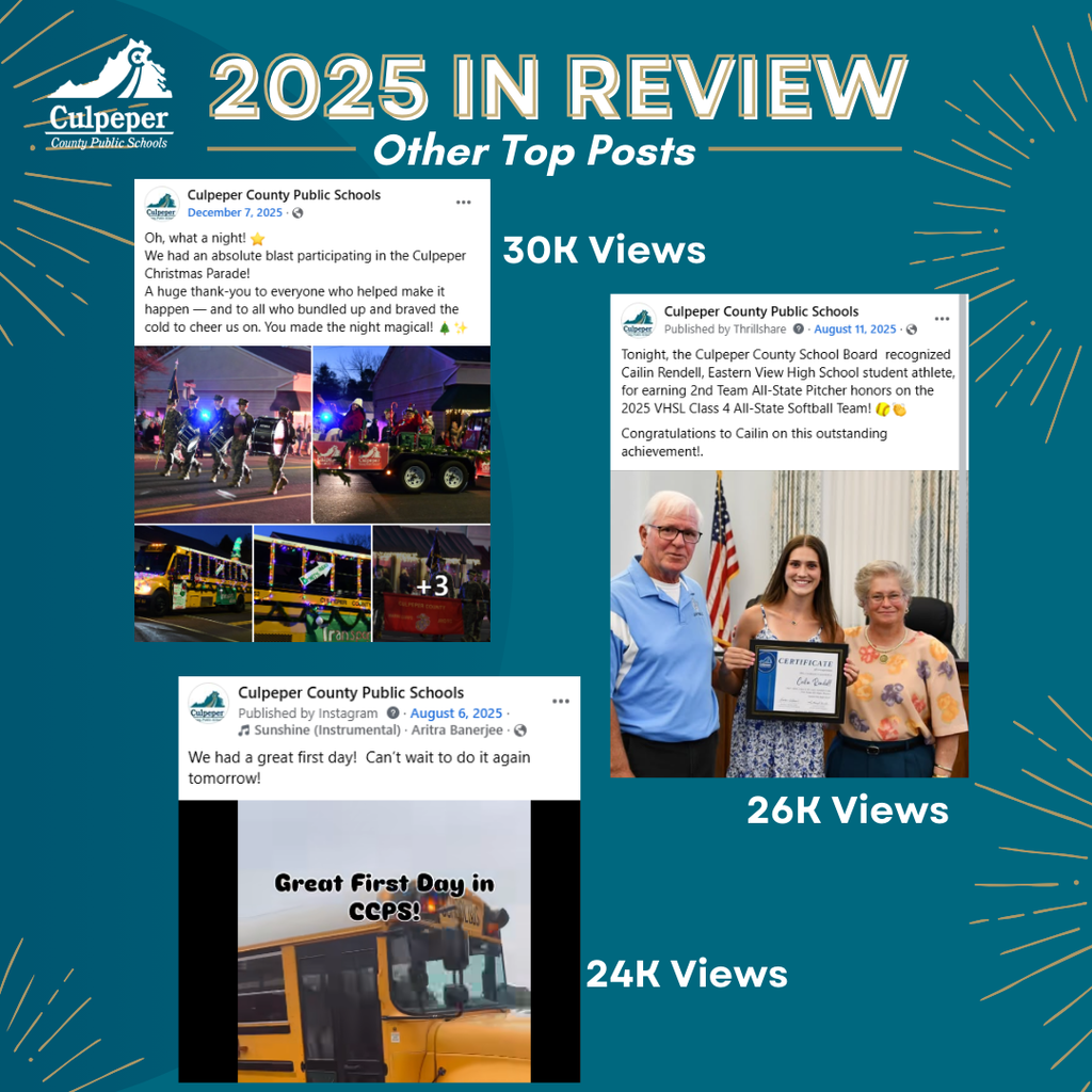 “2025 in Review” graphic titled “Other Top Posts” highlighting three additional posts: a Culpeper Christmas Parade photo collage with 30K views, a student award recognition post with 26K views, and a first day of school bus video post with 24K views.