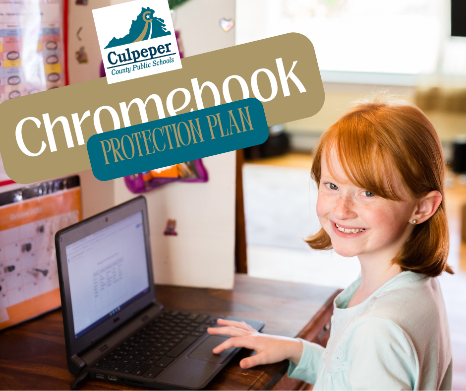 image of young red haired girl using a chromebook with the CCPS logo at the top left and decorative letters that say chromebook protection plan