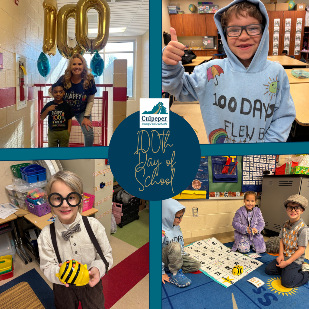 A four-photo collage celebrating CCPS’s 100th Day of School. Photos show a staff member and student posing in a hallway with large “100” balloons, a student giving a thumbs-up wearing a “100 days” sweatshirt, a student dressed as an elderly person holding a craft in a classroom, and two students dressed as “100-year-olds” sitting on a classroom rug with a 100th Day activity. A CCPS “100th Day of School” graphic is centered in the collage.