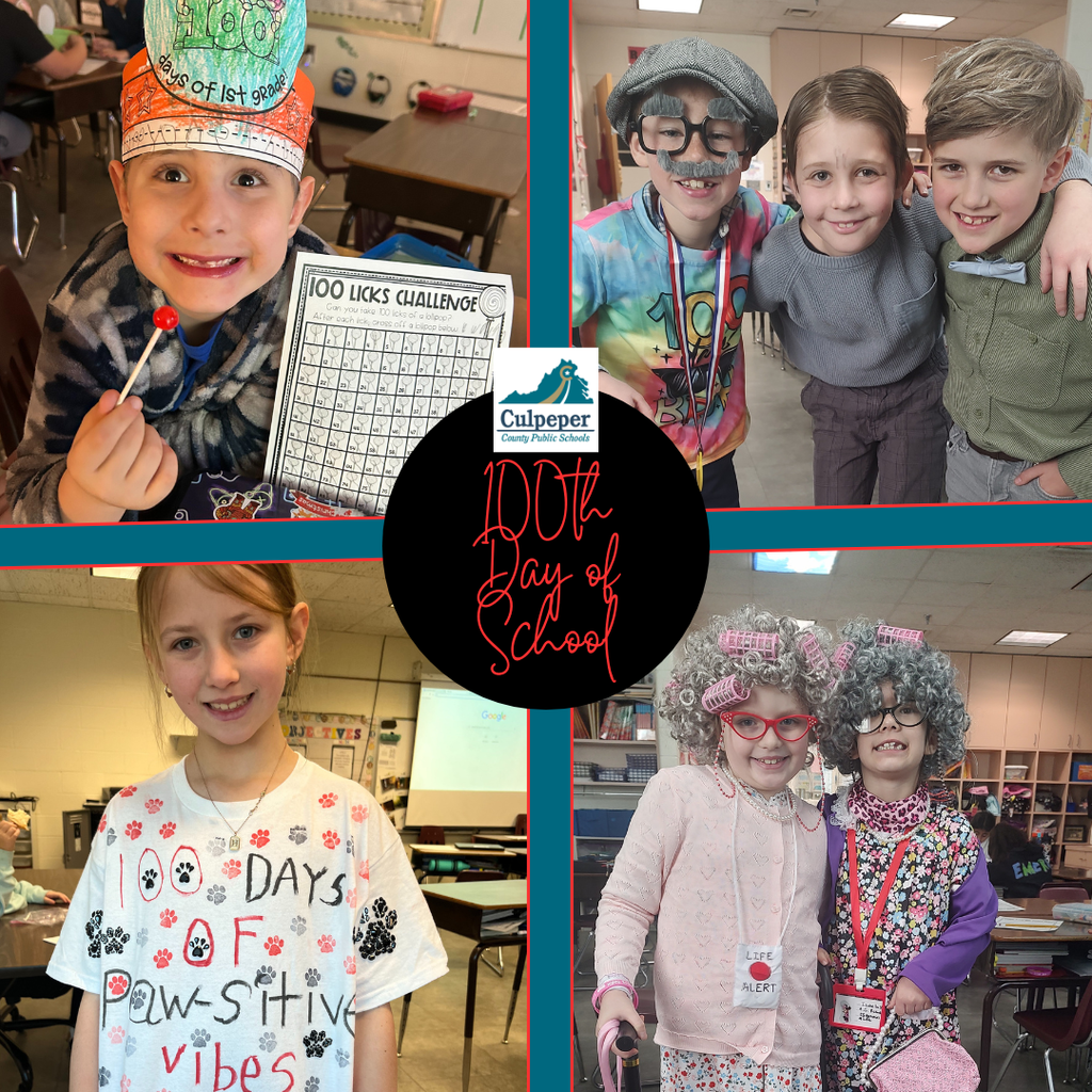 A four-photo collage celebrating CCPS’s 100th Day of School. Photos show a student holding a lollipop and a “100 Licks Challenge” worksheet while wearing a “100 Days of 1st Grade” hat, three students posing together with one dressed as an elderly person with glasses and a mustache, a student wearing a shirt that reads “100 Days of Paw-sitive Vibes,” and two students dressed as “100-year-olds” with curly wigs and glasses in a classroom. A CCPS “100th Day of School” graphic is centered in the collage.