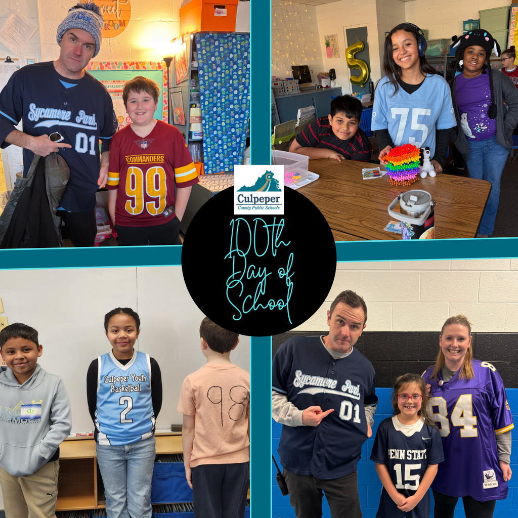 A four-photo collage celebrating CCPS’s 100th Day of School with a sports jersey theme. Photos show a staff member and student wearing jerseys with the numbers “01” and “99,” students in jerseys including one with “98” written on the back of a shirt, and students and staff posing together in sports team gear. In one classroom photo, students smile at a table with a colorful craft and a gold “5” balloon in the background. A CCPS “100th Day of School” graphic is centered in the collage.