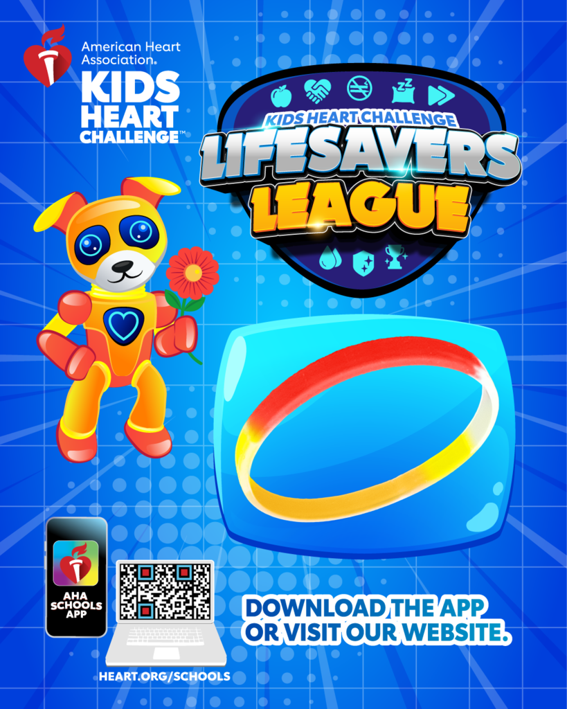 American Heart Association-Kids Heart Challenge- Lifesaver League- Download the app or visit our website. Heart.org/schools cartoon ai dog holding a flower; blue background