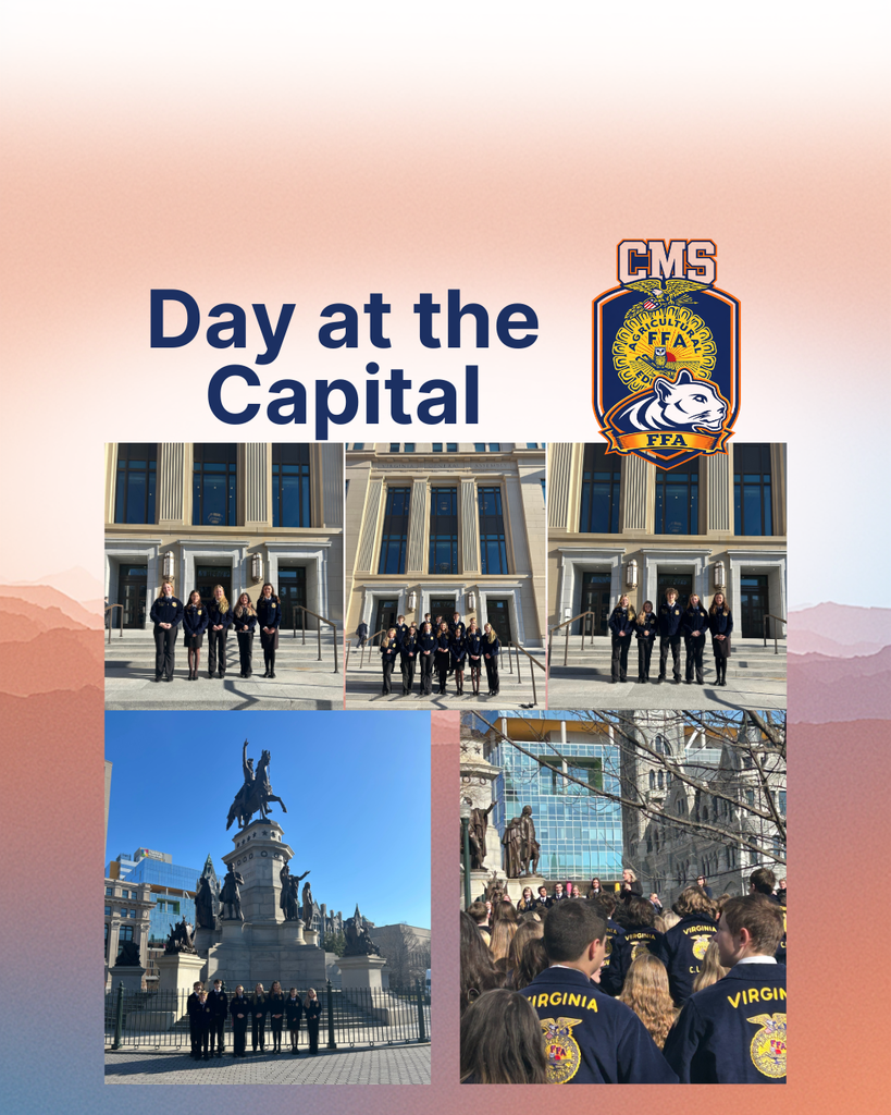 Graphic titled ‘Day at the Capitol.’ At the top are three group photos of Culpeper Middle School FFA students standing on the steps of the Virginia State Capitol building. In the center is the CMS FFA logo featuring a panther and the FFA emblem. At the bottom are two photos: one of students standing in front of a large monument in Richmond, and another showing students from behind wearing blue Virginia FFA jackets while gathered outdoors near historic buildings.