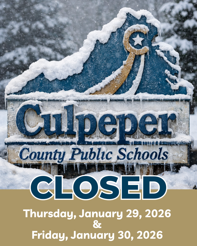 Culpeper County Public Schools closure announcement graphic showing the division’s Virginia-shaped logo as a snow- and ice-covered outdoor sign with icicles, overlaid with the word “CLOSED” and the dates Thursday, January 29, 2026, and Friday, January 30, 2026.