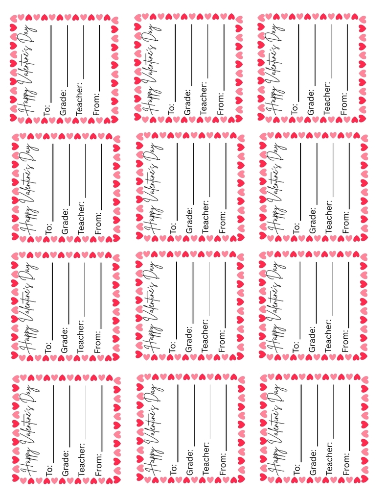 Sheet of Valentine’s Day candy gram labels arranged in rows. Each label has a red and pink heart border and the words ‘Happy Valentine’s Day.’ Spaces are provided for To, Grade, Teacher, and From