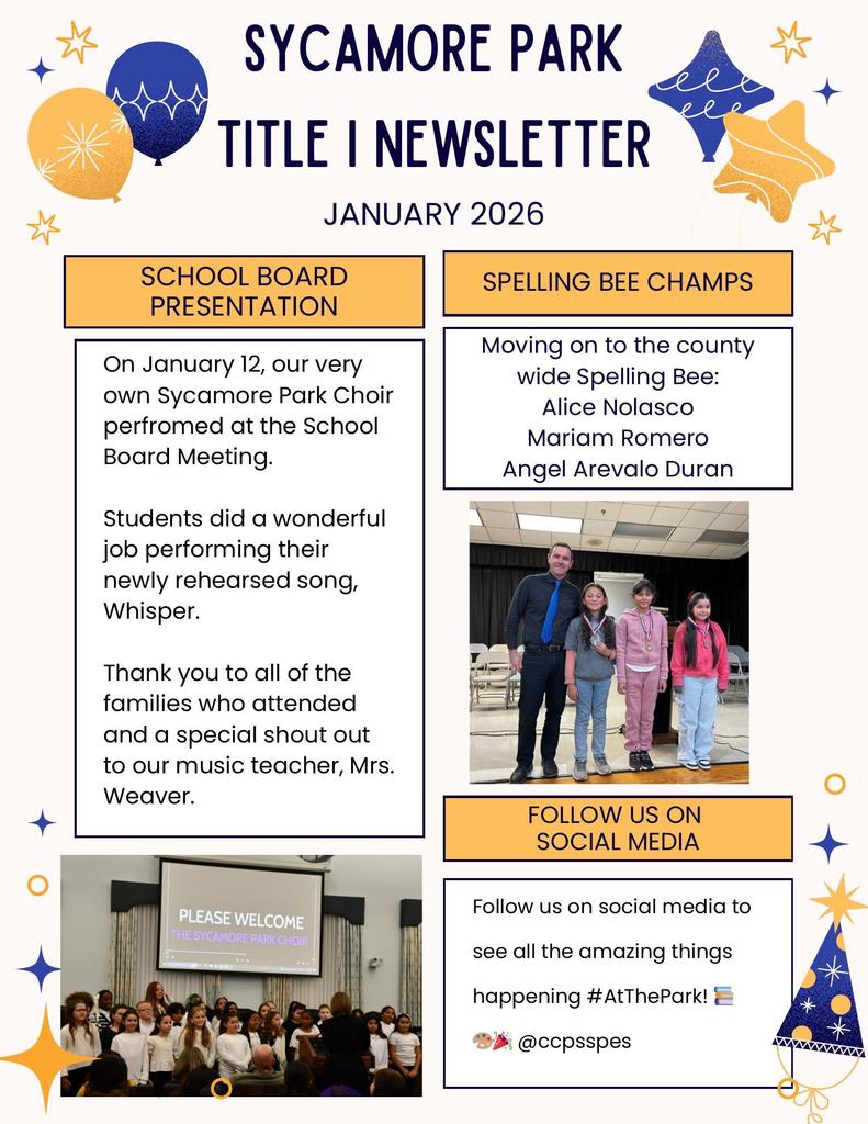 The English version of the Sycamore Park Title I Newsletter, page one, for January 2026. The layout is identical to the Spanish version, featuring headers for "School Board Presentation," "Spelling Bee Champs," and "Follow Us On Social Media." It includes a photo of the Sycamore Park Choir performing on stage and a photo of the three spelling bee winners—Alice Nolasco, Mariam Romero, and Angel Arevalo Duran—posing with their medals.