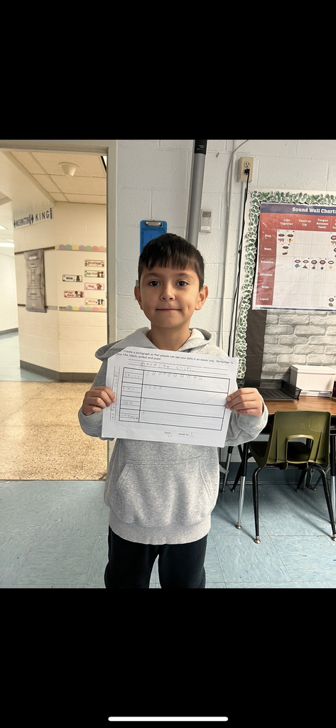 A young boy stands in a classroom hallway holding up a completed "My Survey and Pictograph" worksheet titled "Favorite Chips." The pictograph shows "Spicy" as the most popular choice with seven hand-drawn symbols. He is wearing a grey hoodie and dark pants, smiling slightly at the camera.