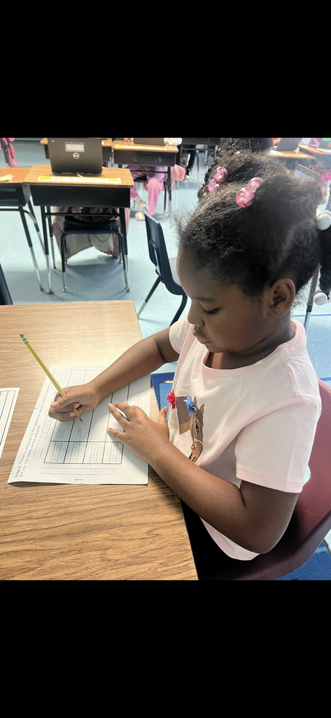 A young girl with braids and pink hair accessories sits at a wooden desk, writing on a survey worksheet. She is wearing a pink t-shirt with a horse graphic. The classroom background shows other student desks and a "Sound Wall" chart on the brick-patterned wall.