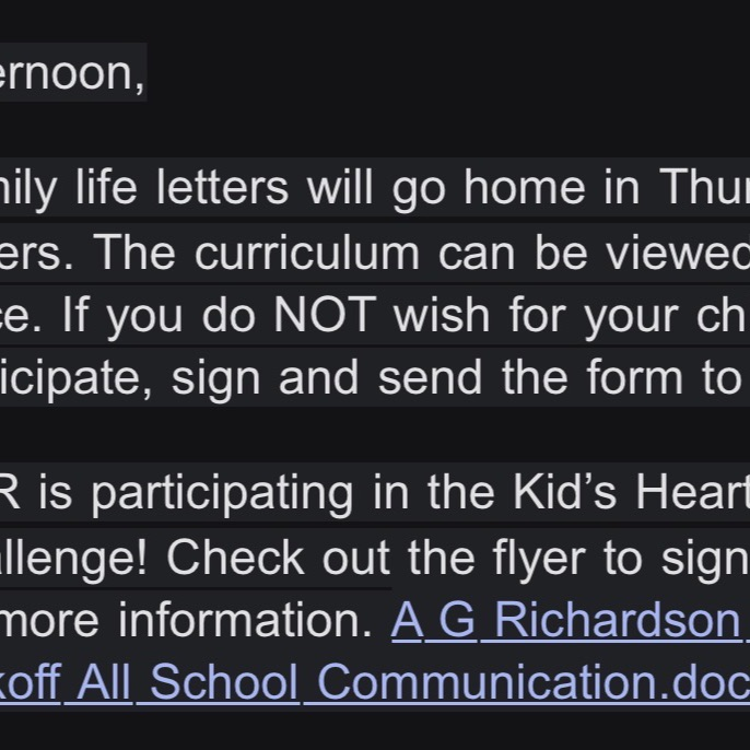 Here is today's robo call. For lunch, please remember our first day back is the menu from Monday the first day we missed. Subsequent lunches will be announced when we return.