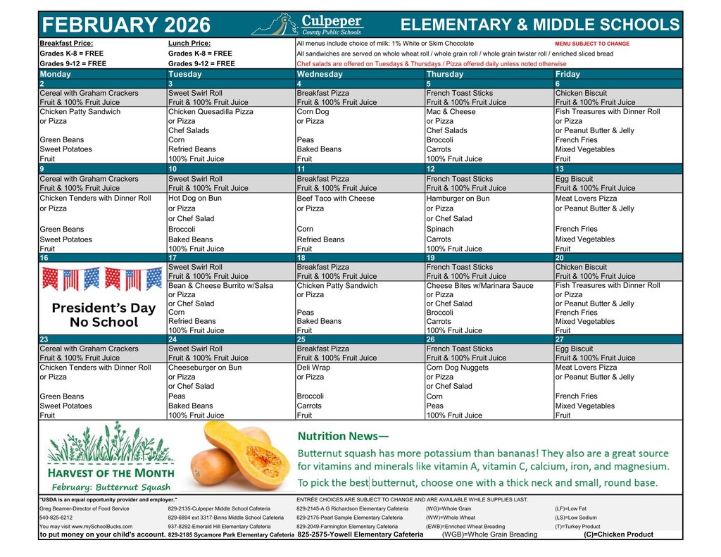 February lunch menu - access on the CCPS website or call (540) 825-0616