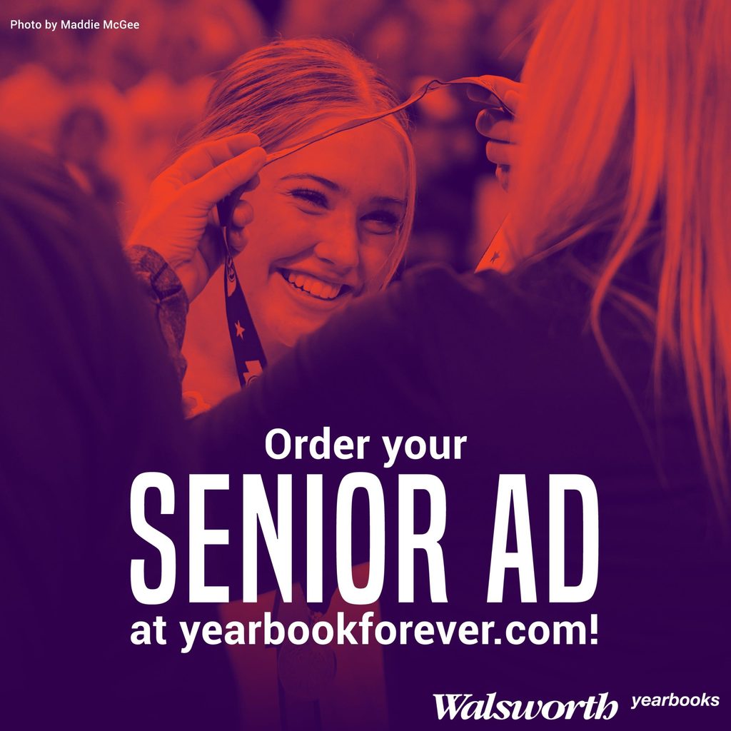 A graphic with the words "Order your senior ad at yearbookforever.com" overlapping a photo of a student receiving a medal.