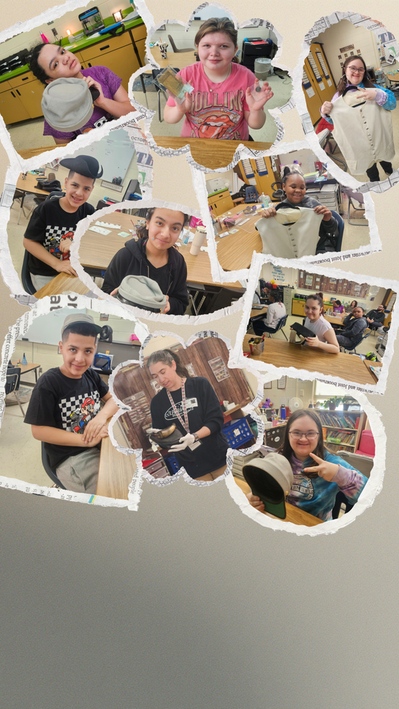 A collage of classroom photos arranged in torn-paper style circles. Students sit at tables in a history classroom, smiling and posing while holding historical clothing items and accessories such as hats, vests, and small artifacts. One photo shows a teacher wearing gloves and holding a historical object. The background includes desks, cabinets, posters, and other students working. The collage conveys a hands-on history lesson with students actively engaged and enjoying the experience.