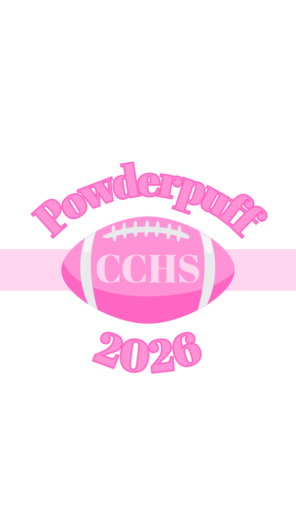 Pink “Powderpuff” text arched above a pink football with “CCHS” in the center, a light pink stripe running horizontally behind it, and “2026” in pink below. The design uses shades of pink throughout on a light gray background.