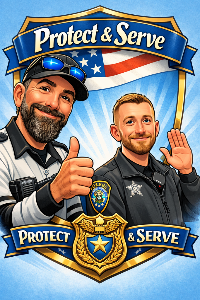 This image is a bright, illustrated tribute graphic honoring law enforcement officers.  At the top, a large blue and gold shield-shaped emblem frames the design. Across the top of the shield, a banner reads “Protect & Serve” in bold white letters outlined in gold. Behind the officers, an American flag waves softly in the background, with light rays radiating outward in pale blue tones.  In the foreground are two smiling male officers drawn in a friendly, cartoon style:  On the left: A bearded officer with dark hair wears a black baseball-style cap and sunglasses resting on the brim. He has a salt-and-pepper beard and a warm smile. He is giving a thumbs-up gesture toward the viewer. He wears a light gray and black uniform shirt with a shoulder patch that reads “POLICE,” featuring an emblem with a shield and figure inside. A radio is clipped to his chest.  On the right: A younger officer with short light-brown hair and a neatly trimmed beard smiles directly at the viewer. He raises one hand in a friendly wave. He wears a black uniform jacket with a silver star-shaped badge on his chest and a body camera attached near his shoulder.  At the bottom of the image, another blue and gold banner again reads “Protect & Serve.” Centered below the officers is a large gold badge emblem featuring a star and an eagle with wings spread, adding a ceremonial, honorary feel to the design.
