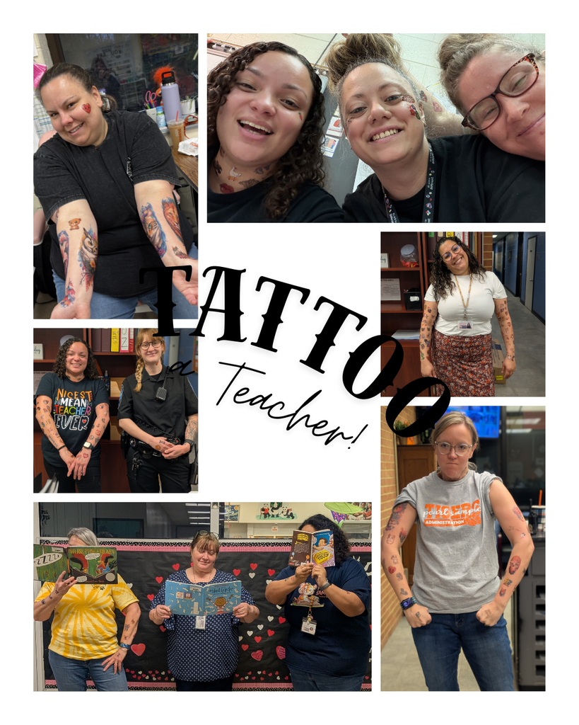 Collage of teachers displaying temporary tattoos on their arms and faces. Staff members pose individually and in small groups, some flexing muscles or smiling at the camera, with visible school offices and hallways in the background.