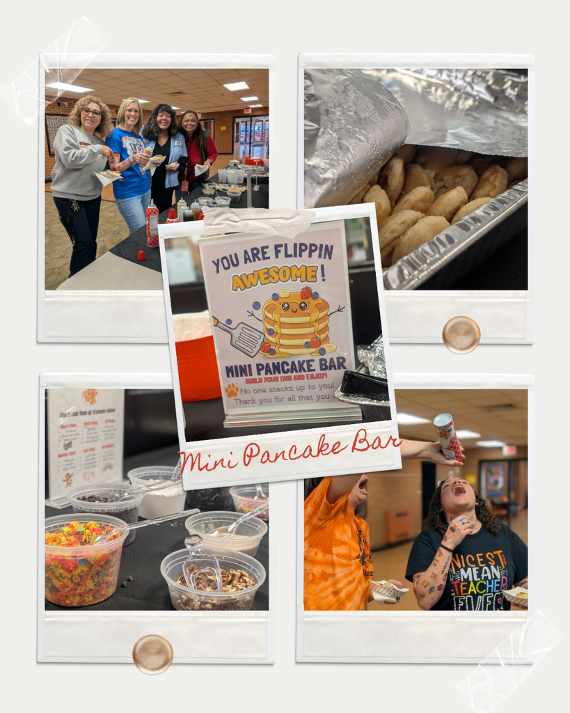 Collage of school staff enjoying a “Mini Pancake Bar.” Photos show four women smiling with plates of mini pancakes, trays of pancakes under foil, bowls of colorful toppings, whipped cream cans, and a sign reading “You Are Flippin’ Awesome! Mini Pancake Bar.” One photo shows a staff member playfully spraying whipped cream into her mouth.