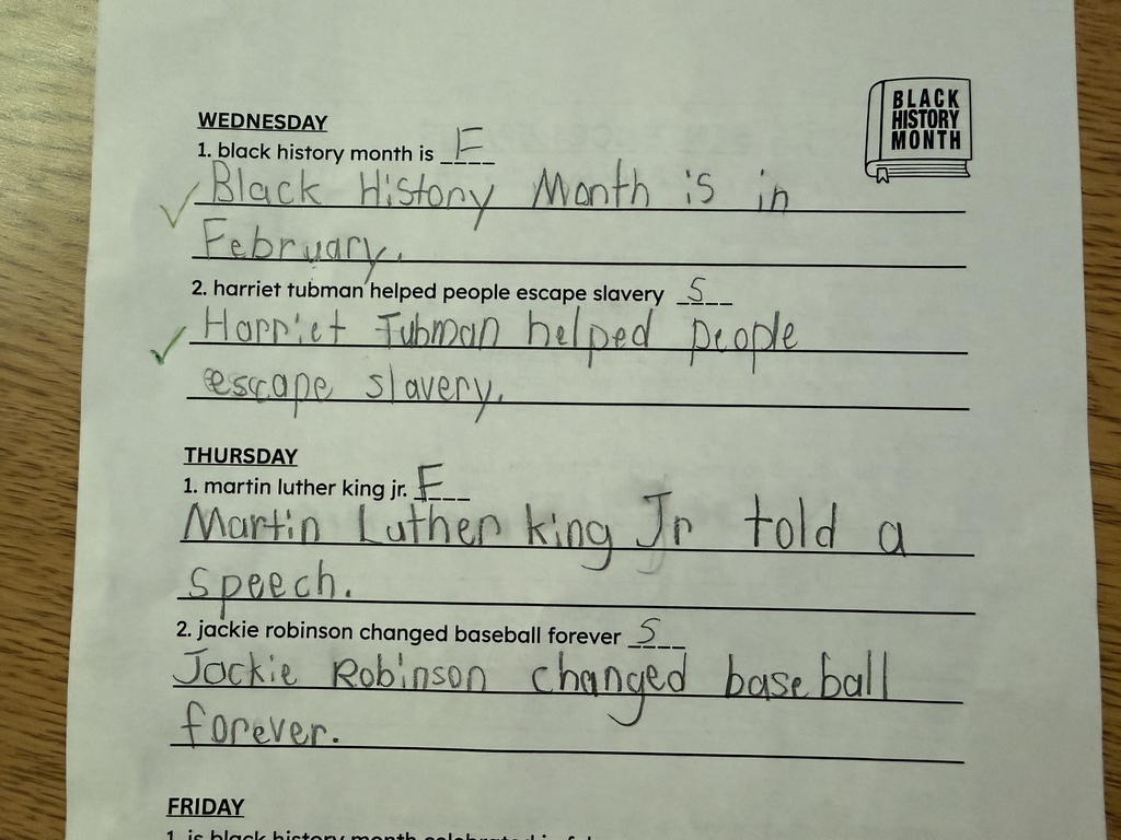 A “Sentence Repairs” worksheet page with completed sentences about Black History Month, Harriet Tubman, Martin Luther King Jr., and Jackie Robinson.
