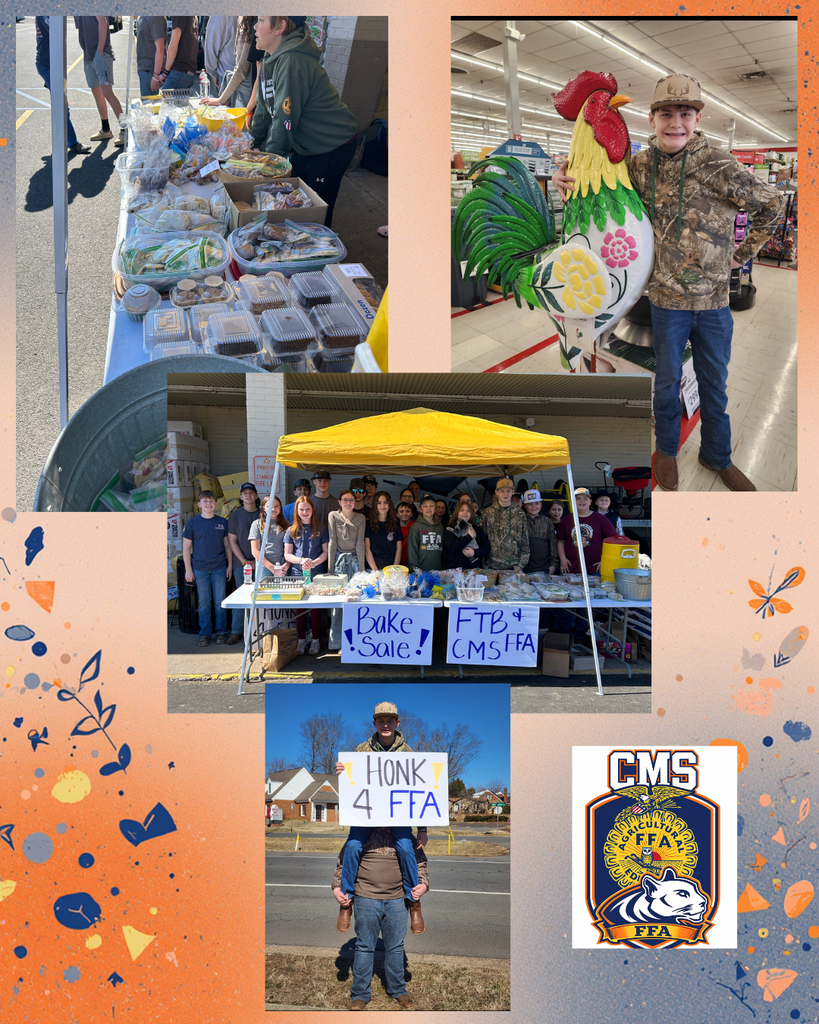 A collage of photos highlighting a recent CCPS FFA bake sale. One image shows a table filled with packaged baked goods, including cookies, brownies, and other treats, set up outdoors for customers. Another photo shows a student inside a store smiling while posing next to a large decorative rooster statue. A group photo features FFA students gathered under a yellow canopy tent behind tables covered with baked goods and signs reading “Bake Sale” and “FTB + CMS FFA.” Another image shows a student holding a sign that says “Honk 4 FFA” while sitting on another person’s shoulders near a roadside to attract attention. The collage also includes the CMS FFA logo in blue and orange in the corner.