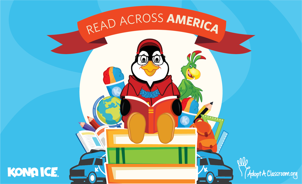 A colorful illustration celebrating Read Across America. In the center, a penguin wearing glasses, a red shirt, and a lei sits on a stack of books while reading. Surrounding him are school supplies like a globe, pencils, and a backpack, along with two Kona Ice cups. A green parrot stands to the right. A large red banner at the top reads "READ ACROSS AMERICA" in white text. The Kona Ice logo is in the bottom left, and the AdoptAClassroom.org logo is in the bottom right.