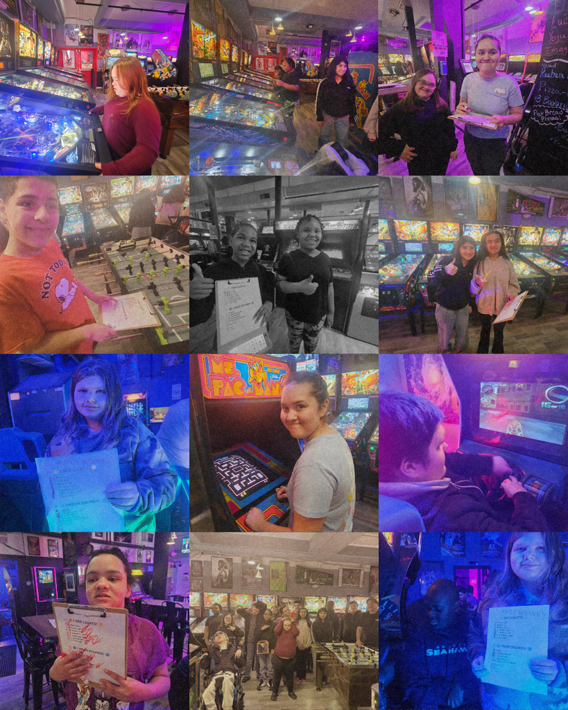 A collage of photos showing students visiting a retro arcade. Students are playing pinball machines, Pac-Man, and other arcade games while completing a scavenger hunt on clipboards. Bright neon lights from the machines illuminate the space with purple, blue, and pink colors. Some students hold up worksheets identifying forms of energy, while others give thumbs-up or pose with friends. A group photo shows the class gathered around arcade machines and foosball tables, smiling during the hands-on learning trip.