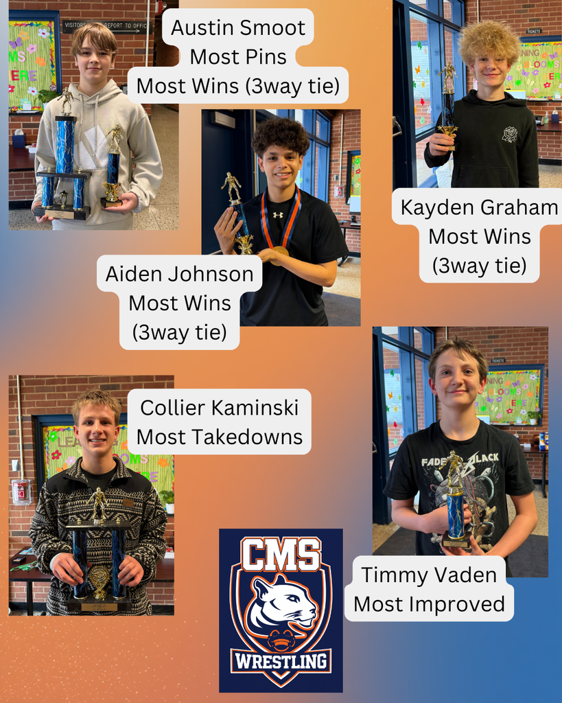 A collage highlighting CMS Wrestling season award winners. The image shows five student wrestlers holding trophies inside a school hallway. Austin Smoot is recognized for Most Pins and tied for Most Wins. Aiden Johnson and Kayden Graham are also tied for Most Wins. Collier Kaminski earned Most Takedowns, and Timmy Vaden received the Most Improved award. The collage features an orange gradient background and the CMS Wrestling cougar logo at the bottom.