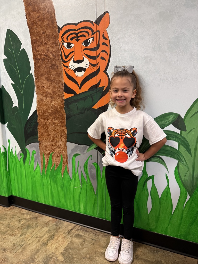 A smiling student stands in front of a painted tiger mural wearing a tiger-themed shirt and bow, showing Tiger school spirit.