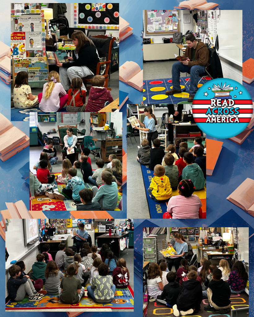 A collage showing elementary classroom reading sessions during a Read Across America event. Several photos show teachers and older student volunteers reading books aloud to groups of young children seated on colorful classroom rugs. The classrooms are decorated with posters, charts, bookshelves, and learning materials. In one photo, a teacher reads from a chair while students sit in front of a book display. In another, a teenage student reads from a chair while sitting on a classroom rug with colored circles. Other photos show different classrooms where students sit cross-legged on the floor listening to stories. The Read Across America logo appears on the right side of the collage, emphasizing the literacy celebration.
